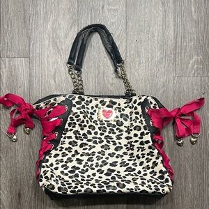 Betsey Johnson Leopard Print Shoulder Bag with Pink Ribbons